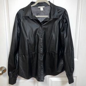 H&M Black Faux Leather Button Down Long Sleeve Shirt Size L